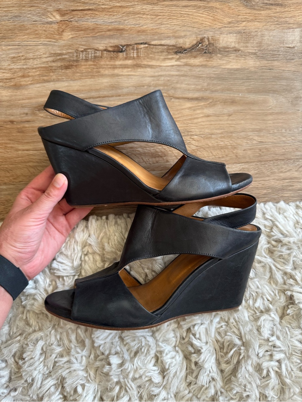 COCLICO Black Leather Wedge Slingback Sandals